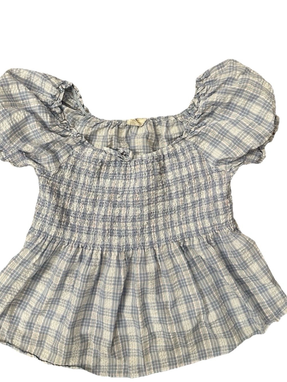 Smocked Puff-Sleeve Plaid Blouse in Light Blue